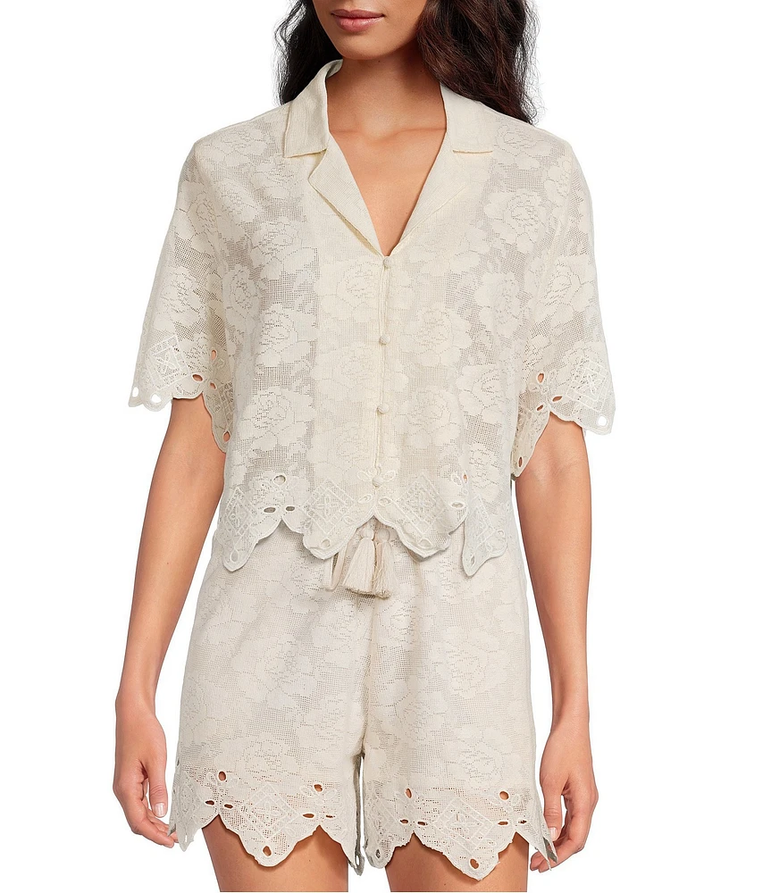 A Loves A Woven Embroidered Lace Notch Lapel Button Front Short Sleeve Scallop Trim Coordinating Shirt