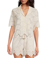 A Loves A Woven Embroidered Lace Notch Lapel Button Front Short Sleeve Scallop Trim Coordinating Shirt