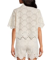 A Loves A Woven Embroidered Lace Notch Lapel Button Front Short Sleeve Scallop Trim Coordinating Shirt