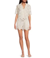 A Loves A Woven Embroidered Lace Notch Lapel Button Front Short Sleeve Scallop Trim Coordinating Shirt