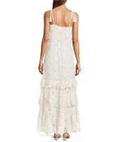 A Loves A Woven Embroidered Lace Sqaure Neck Spaghetti Tie Strap Button Front Tiered Flounce Maxi Dress