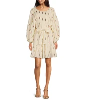 A Loves A Woven Embroidered Print Scoop Neck Long Balloon Sleeve Pleated Tie Waist A-Line Above the Knee Dress