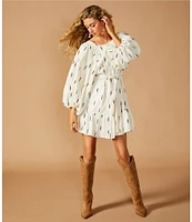 A Loves A Woven Embroidered Print Scoop Neck Long Balloon Sleeve Pleated Tie Waist A-Line Above the Knee Dress