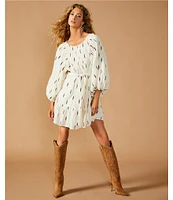 A Loves A Woven Embroidered Print Scoop Neck Long Balloon Sleeve Pleated Tie Waist A-Line Above the Knee Dress