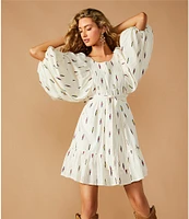 A Loves A Woven Embroidered Print Scoop Neck Long Balloon Sleeve Pleated Tie Waist A-Line Above the Knee Dress