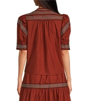 A Loves A Woven Embroidered Trim Split V-Neck Short Puffed Sleeve Coordinating Top