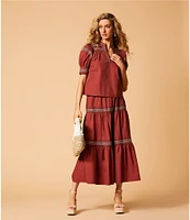 A Loves A Woven Embroidered Trim Tiered A-Line Coordinating Maxi Skirt