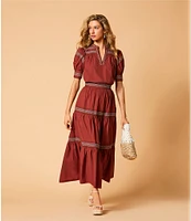 A Loves A Woven Embroidered Trim Tiered A-Line Coordinating Maxi Skirt