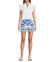 A Loves A Woven Floral Border Placement Print Linen Blend High Rise Pleated Front Trouser Shorts