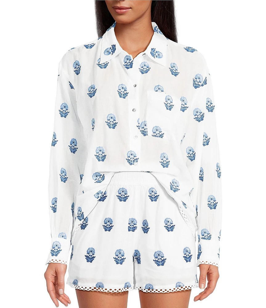 A Loves A Woven Floral Embroidered Point Collar Button Front Long Sleeve Coordinating Shirt