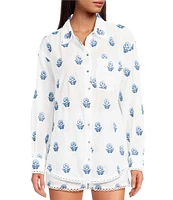 A Loves A Woven Floral Embroidered Point Collar Button Front Long Sleeve Coordinating Shirt