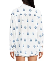 A Loves A Woven Floral Embroidered Point Collar Button Front Long Sleeve Coordinating Shirt