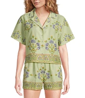 A Loves A Woven Floral Notch Lapel Button Front Short Sleeve Cropped Coordinating Camp Shirt