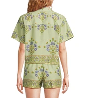 A Loves A Woven Floral Notch Lapel Button Front Short Sleeve Cropped Coordinating Camp Shirt
