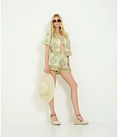 A Loves A Woven Floral Notch Lapel Button Front Short Sleeve Cropped Coordinating Camp Shirt