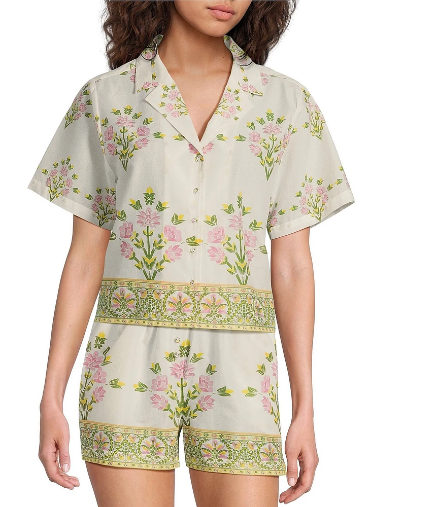 A Loves A Woven Floral Notch Lapel Button Front Short Sleeve Cropped Coordinating Camp Shirt