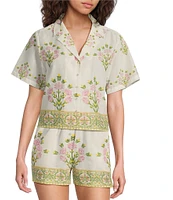 A Loves A Woven Floral Notch Lapel Button Front Short Sleeve Cropped Coordinating Camp Shirt