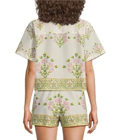 A Loves A Woven Floral Notch Lapel Button Front Short Sleeve Cropped Coordinating Camp Shirt