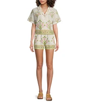 A Loves A Woven Floral Notch Lapel Button Front Short Sleeve Cropped Coordinating Camp Shirt