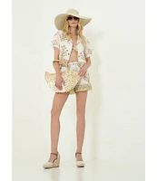 A Loves A Woven Floral Notch Lapel Button Front Short Sleeve Cropped Coordinating Camp Shirt