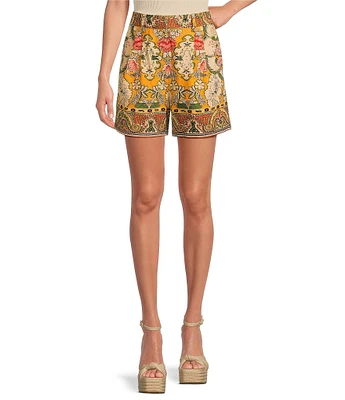 A Loves A Woven Floral Print Linen Blend High Rise Pleated Front Trouser Coordinating Shorts