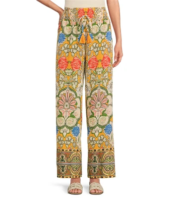 A Loves A Woven Floral Print High Rise Smocked Waist Tassel Tie Wide Leg Coordinating Pants