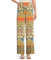 A Loves A Woven Floral Print High Rise Smocked Waist Tassel Tie Wide Leg Coordinating Pants