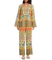A Loves A Woven Floral Print High Rise Smocked Waist Tassel Tie Wide Leg Coordinating Pants