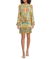 A Loves A Woven Floral Print Mandarin Collar Long Bell Sleeve Tie Waist Mini Shirt Dress