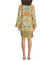 A Loves A Woven Floral Print Mandarin Collar Long Bell Sleeve Tie Waist Mini Shirt Dress