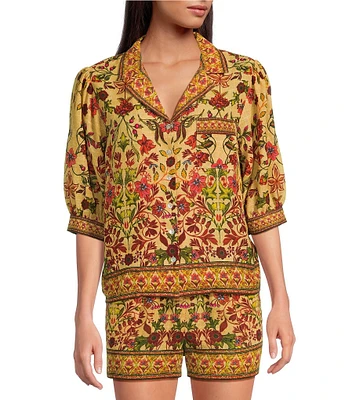A Loves A Woven Floral Print Notch Lapel 3/4 Bubble Sleeve Button Front Coordinating Camp Shirt
