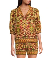 A Loves A Woven Floral Print Notch Lapel 3/4 Bubble Sleeve Button Front Coordinating Camp Shirt