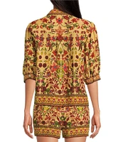 A Loves A Woven Floral Print Notch Lapel 3/4 Bubble Sleeve Button Front Coordinating Camp Shirt