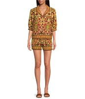 A Loves A Woven Floral Print Notch Lapel 3/4 Bubble Sleeve Button Front Coordinating Camp Shirt