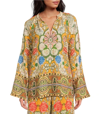 A Loves A Woven Floral Print Split Round Neck Long Bell Sleeve Coordinating Blouse