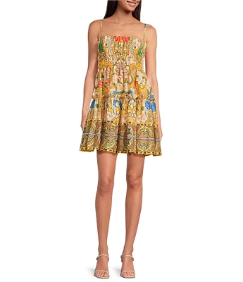 A Loves A Woven Floral Print Spaghetti Strap Smocked Tiered A-Line Babydoll Mini Dress