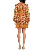 A Loves A Woven Floral Print Surplice V-Neck Long Bubble Sleeve A-Line Wrap Above the Knee Dress