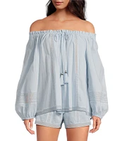 A Loves A Woven Lace Adjustable Tassel Off the Shoulder Neck Long Balloon Sleeve Coordinating Blouse