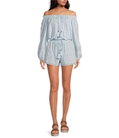 A Loves A Woven Lace Adjustable Tassel Off the Shoulder Neck Long Balloon Sleeve Coordinating Blouse