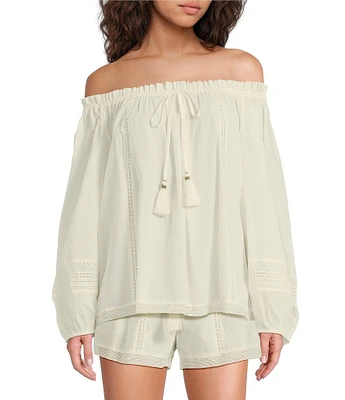 A Loves A Woven Lace Adjustable Tassel Off the Shoulder Neck Long Balloon Sleeve Coordinating Blouse