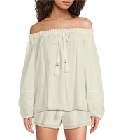 A Loves A Woven Lace Adjustable Tassel Off the Shoulder Neck Long Balloon Sleeve Coordinating Blouse