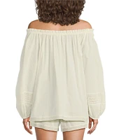 A Loves A Woven Lace Adjustable Tassel Off the Shoulder Neck Long Balloon Sleeve Coordinating Blouse