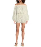 A Loves A Woven Lace Adjustable Tassel Off the Shoulder Neck Long Balloon Sleeve Coordinating Blouse