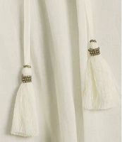 A Loves A Woven Lace Adjustable Tassel Off the Shoulder Neck Long Balloon Sleeve Coordinating Blouse
