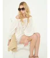 A Loves A Woven Lace Adjustable Tassel Off the Shoulder Neck Long Balloon Sleeve Coordinating Blouse