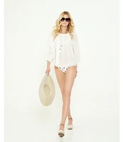 A Loves A Woven Lace Adjustable Tassel Off the Shoulder Neck Long Balloon Sleeve Coordinating Blouse