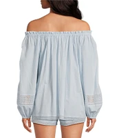 A Loves A Woven Lace Adjustable Tassel Off the Shoulder Neck Long Balloon Sleeve Coordinating Blouse