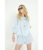 A Loves A Woven Lace Adjustable Tassel Off the Shoulder Neck Long Balloon Sleeve Coordinating Blouse