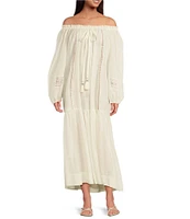 A Loves A Woven Lace Adjustable Tassel Off the Shoulder Neck Long Balloon Sleeve Caftan Maxi Dress