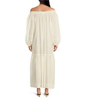 A Loves A Woven Lace Adjustable Tassel Off the Shoulder Neck Long Balloon Sleeve Caftan Maxi Dress